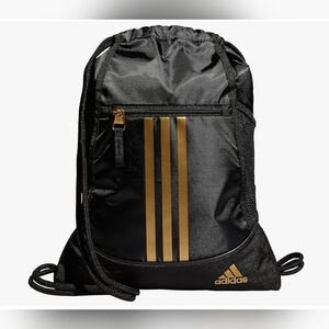 Adidas Alliance Sackpack Drawstring Black Backpack Gold Metallic Zippered Pocket